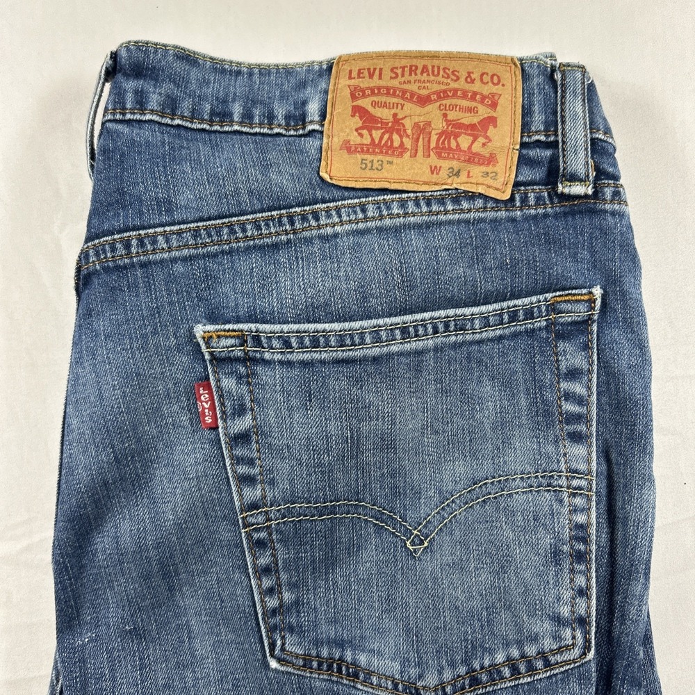 Levis 513 Slim Straight Jeans Mens 34x32 Medium Wash Blue Denim Pants